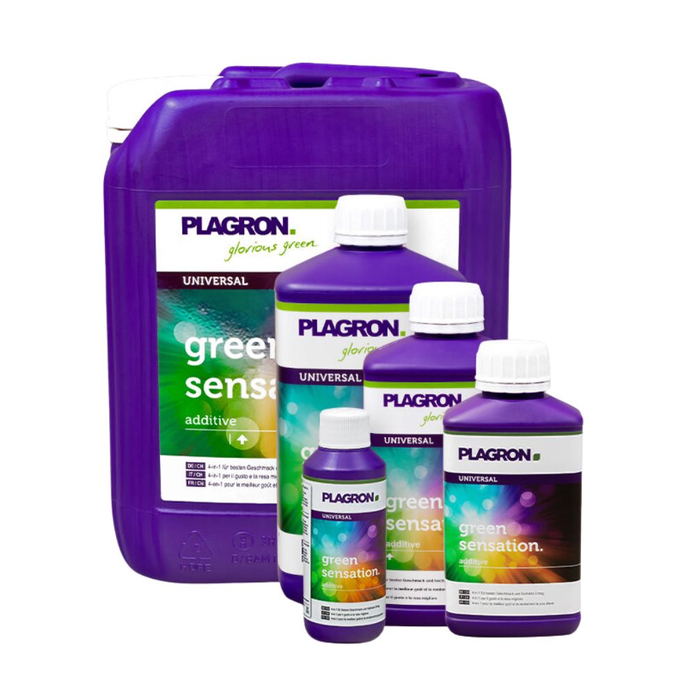 Cinci sticle Plagron Green Sensation de la Bertels B.V. de diferite dimensiuni îmbunătățesc calitatea plantelor. Sticlele violete cu capace albe și etichete verde-alb îmbunătățesc calitatea recoltei, cea mai mare fiind în spate.