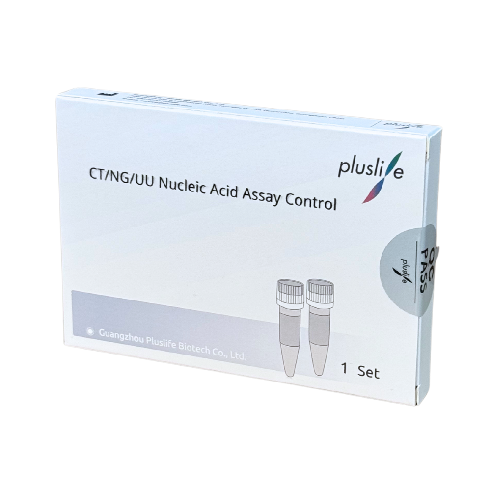 Cutie cu kit de control PCR pentru acid nucleic Pluslife CT/NG/UU, cu tehnologie RHAM pentru diagnostic precis al chlamidiei de la Guangzhou Pluslife Biotech Co., Ltd. Conține un set, cu ambalaj alb și albastru cu două imagini de flacoane.
