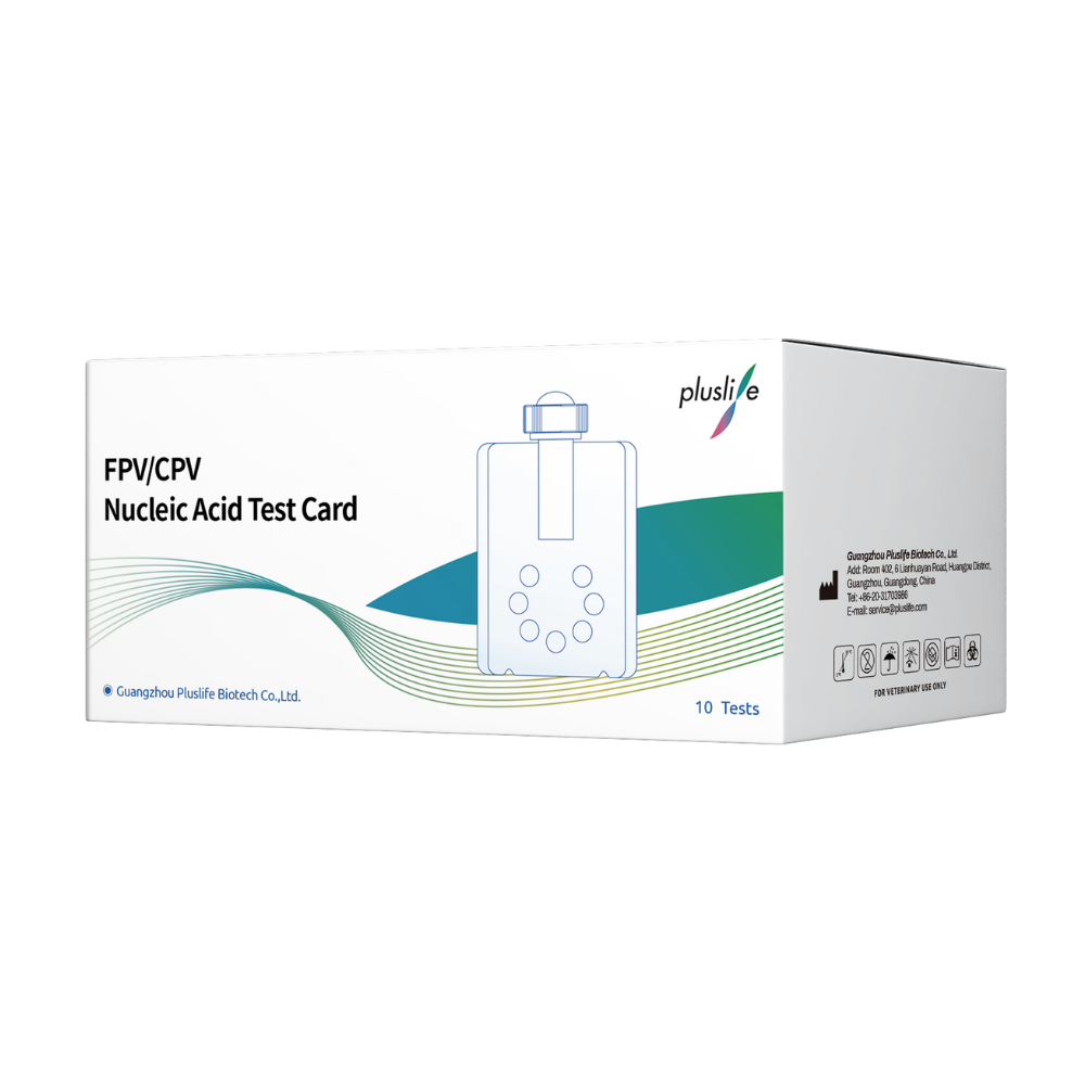 Se vede un carton alb cu inscripția „Pluslife FPV/CPV-Karte, kit de testare a acidului nucleic pentru câini și pisici | Pachet (10 bucăți)“ de la Pluslife. Pe cutie se vede o ilustrație simplă a unei cartele de test și un text indică faptul că conține 10 teste. Acest kit de testare a acidului nucleic, produs de Guangzhou Pluslife Biotech Co., Ltd., este ideal pentru diagnosticul sănătății la câini.