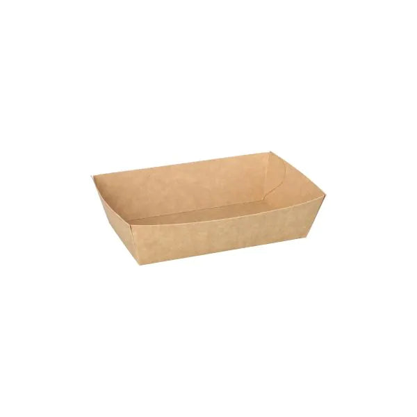 Ein braunes PAPSTAR Snacktray aus Pappe "pure" von PAPSTAR GmbH steht leer auf weißem Hintergrund und eignet sich ideal als umweltfreundliches Einweggeschirr zum Servieren von Speisen bei Events oder für Takeout.