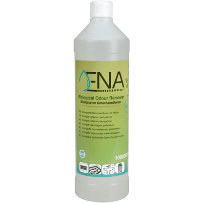 O sticlă de plastic de 1 litru ENA Eliminator biologic de mirosuri de la Abena Re-Seller GmbH cu etichetă verde și capac alb, cu informații multilingve și simboluri pentru utilizare pe textile, containere și în bucătărie.