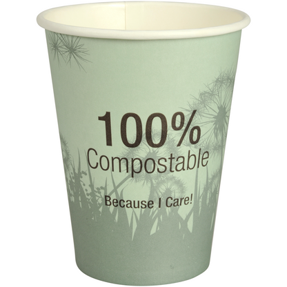 Der Abena Re-Seller GmbH Kaffeebecher Kompostierbar "Dandelion" ist ein grüner Kaffeebecher mit der Aufschrift "100% Compostable Because I Care!" und einem Scherenschnittmotiv aus Pflanzen und Löwenzahn im Hintergrund.