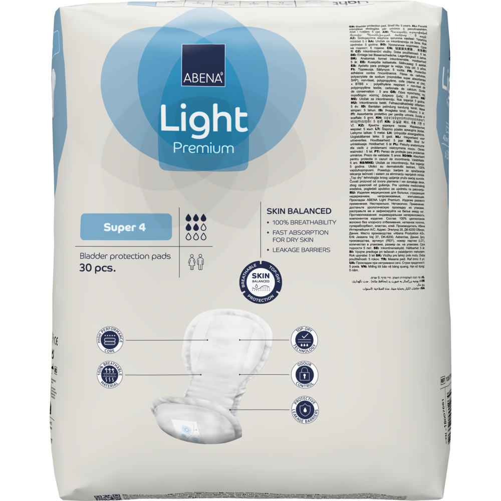 Eine Packung ABENA Light Super 4, Premium der Abena Re-Seller GmbH enthält 30 Paar für den Blasenschutz. Die überwiegend weiße Verpackung hat blaue Akzente, englische Produktangaben und ein Pad-Bild auf der Vorderseite.