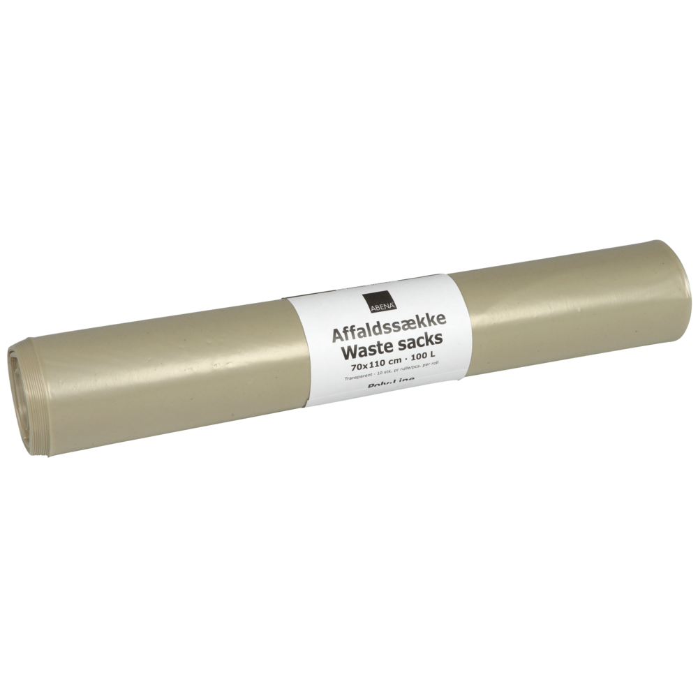 Un rolă de saci de gunoi transparenți Abena Re-Seller GmbH, capacitate de 120 L, dimensiune 700x1100 mm, fabricați din 55 my LDPE; conține 10 pungi pe rolă.