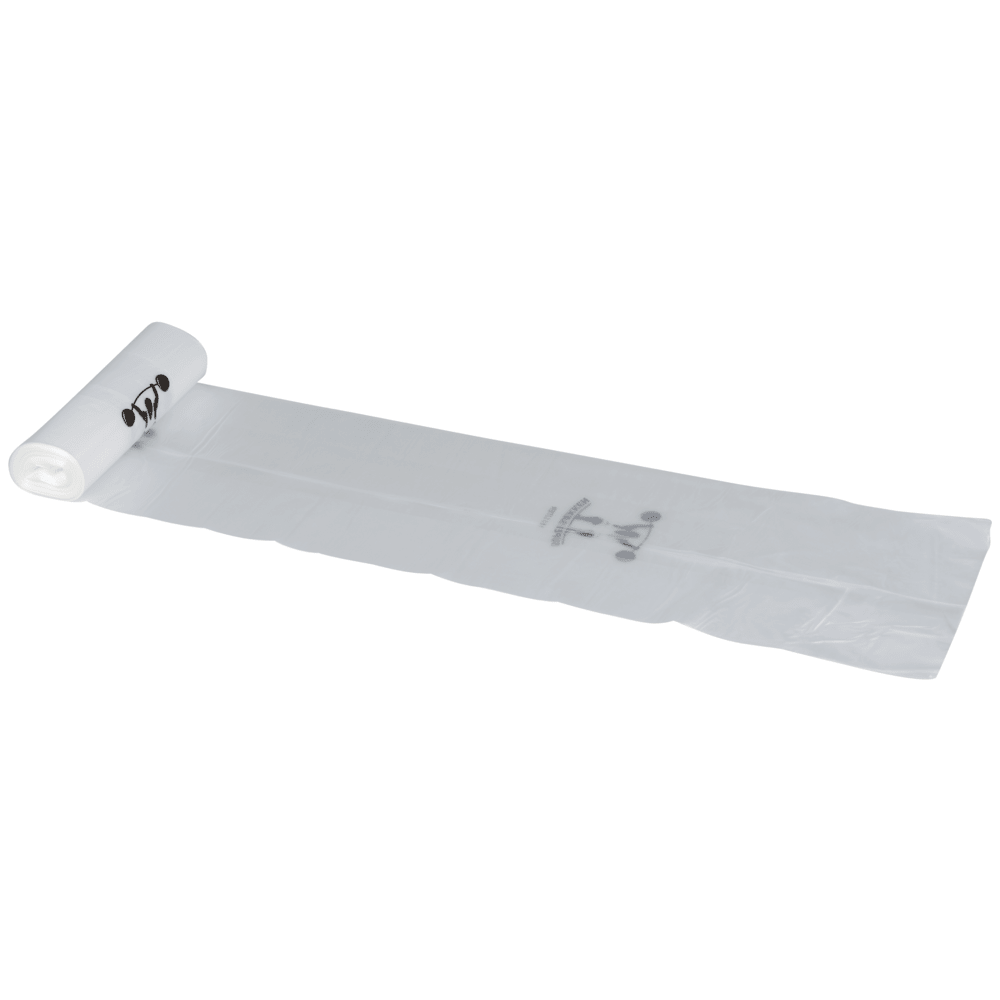 Un rulou parțial derulat de saci de gunoi de 120 L, 25 my LLDPE, Transparent, de la Abena Re-Seller GmbH (rolă cu 10 pungi) arată pungi plate, alungite, cu imprimare neagră și simboluri.
