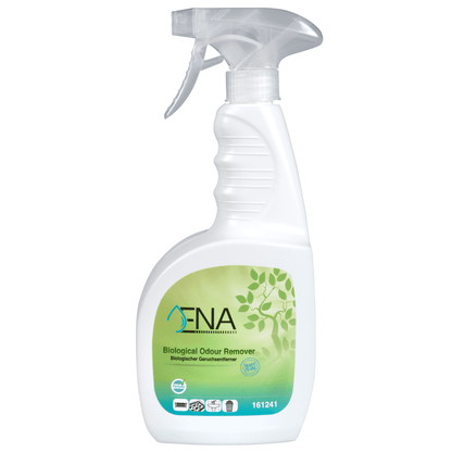 Sticla albă cu pulverizator cu inscripția "ENA Eliminator biologic de mirosuri" de la Abena Re-Seller GmbH are un design verde-alb cu grafică de frunze și un cap de pulverizare clar cu trăgaci.