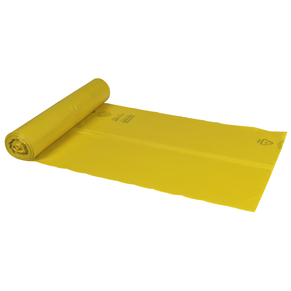 Imaginea prezintă un rolă parțial derulată de saci de gunoi Abena Re-Seller GmbH 120 L, 700x1100 mm, 34 my LDPE, de culoare galbenă (25 pungi/rolă) pe un fundal alb. Pe sacii galbeni sunt imprimate simboluri de reciclare și informații despre material.