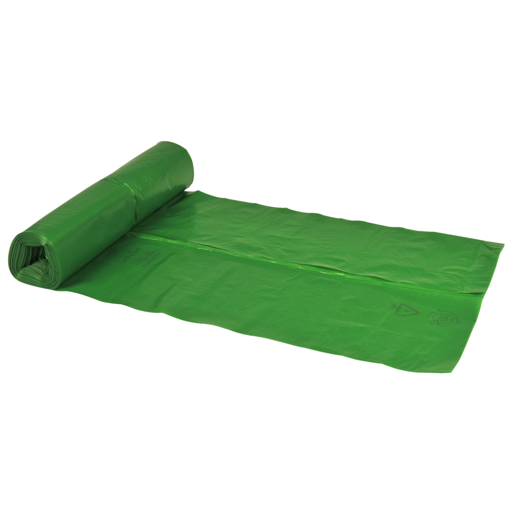 Un rolă de saci de gunoi de la Abena Re-Seller GmbH 120 L, 700x1100 mm, 34 my LDPE în verde (rolă cu 25 de pungi) este arătată parțial desfășurată pe un fundal alb; sacii sunt noi, nefolosiți și prevăzuți cu simboluri de reciclare vizibile.