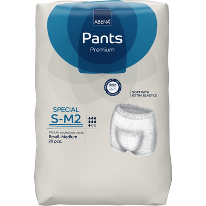 Ein 20er-Pack ABENA Pants Special Premium von Abena Re-Seller GmbH, Größe S-M2, bietet hohen Tragekomfort, Hautfreundlichkeit und extra Gummizüge für einen sicheren Sitz.