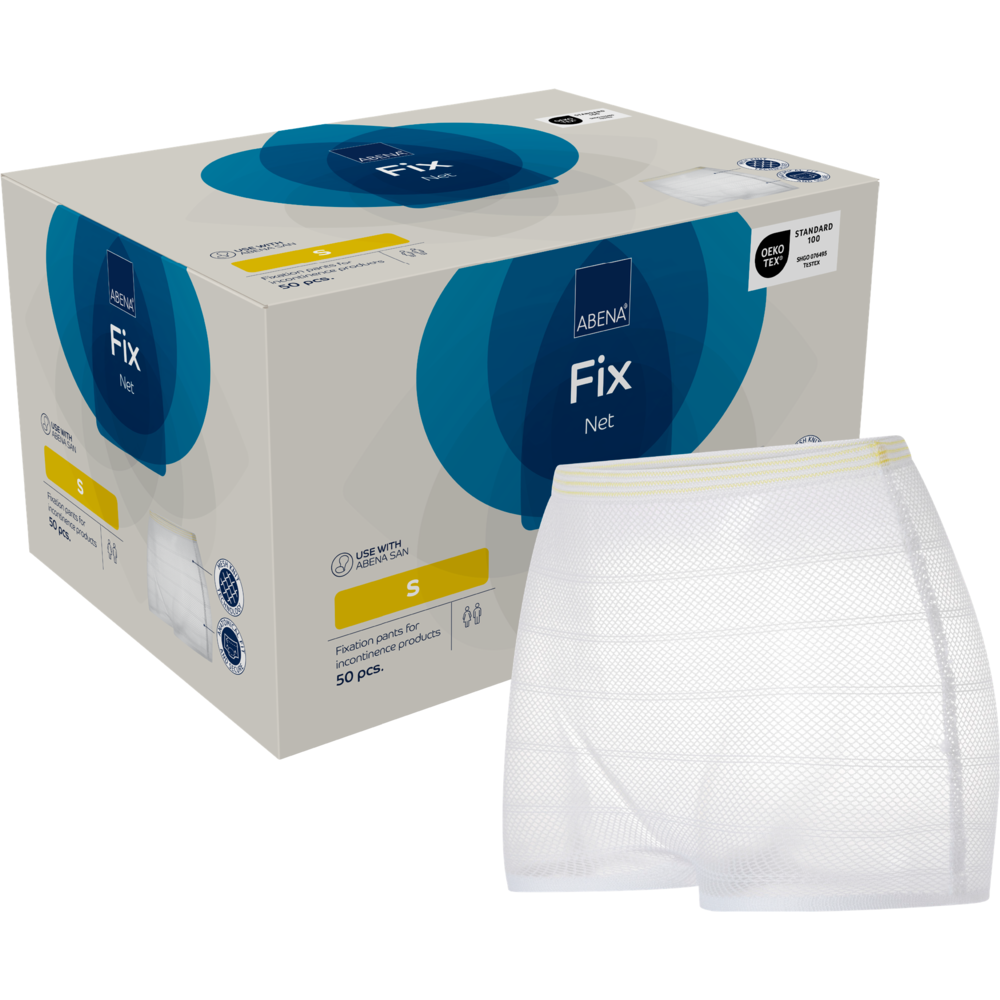 O cutie cu inscripția "Pantaloni de fixare, ABENA Fix, Net" de la Abena Re-Seller GmbH conține 50 de pantaloni de incontinență albi, fără latex, de mărimea Small, dintre care o pereche este ilustrată în afara ambalajului.
