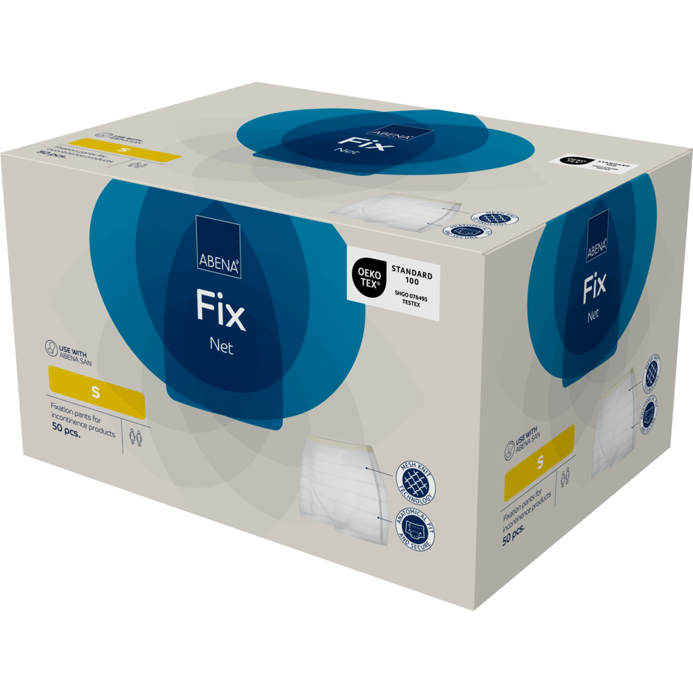 O cutie bej de pantaloni de fixare de la Abena Re-Seller GmbH, ABENA Fix, Net (mărimea S), conține 50 de bucăți cu accente albastre, imagini ale produsului și certificare OEKO-TEX Standard 100 pentru produse de incontinență.