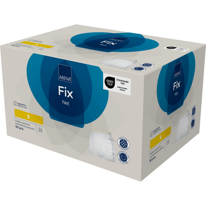 O cutie bej de pantaloni de fixare de la Abena Re-Seller GmbH, ABENA Fix, Net (mărimea S), conține 50 de bucăți cu accente albastre, imagini ale produsului și certificare OEKO-TEX Standard 100 pentru produse de incontinență.