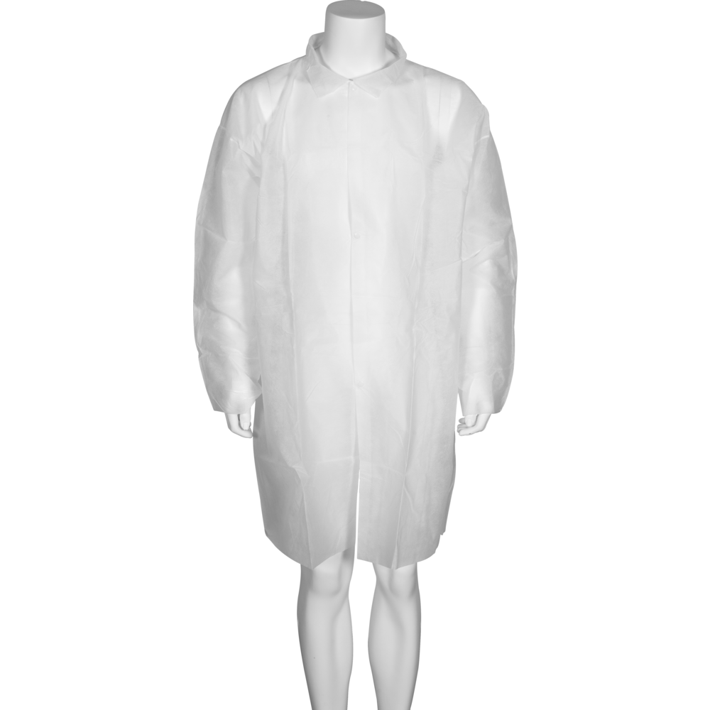 Halatul pentru vizitatori, Nonwoven/PP, Alb de la Abena Re-Seller GmbH este un halat de laborator de unică folosință cu mâneci lungi, guler și nasturi în față, prezentat pe un manechin.