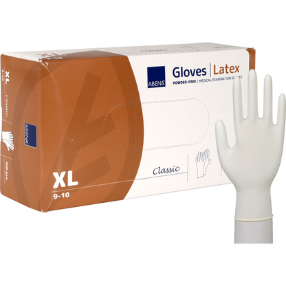 O cutie cu inscripția "Abena Re-Seller GmbH Latex-Handschuhe Classic, Puderfrei, Natur" cu imaginea unei mănuși din latex și a unei mănuși din latex care stă vertical în fața cutiei.