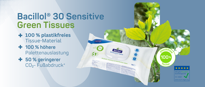 Werbebild für Bacillol 30 Sensitive Green Tissues, das eine Produktverpackung, grüne Blätter und eine Liste von Merkmalen wie plastikfreies Material und reduzierter CO2-Fußabdruck zeigt. Logos und Zertifizierungszeichen sind sichtbar.