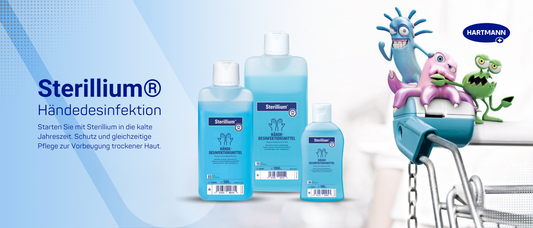 Auf der linken Seite sind drei Flaschen Sterillium® Händedesinfektionsmittel abgebildet, darüber das Hartmann-Logo. Auf der rechten Seite sitzen Cartoon-Keime auf einem Einkaufswagengriff und suggerieren Schutz vor Keimen. Der Text ist auf Deutsch.