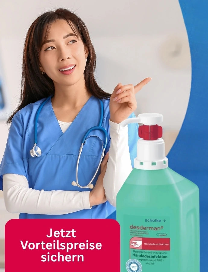 Frau in blauer medizinischer Kleidung mit Stethoskop zeigt nach rechts. Daneben steht eine große Flasche schülke desderman Händedesinfektion. Unten steht in einem roten Feld: „Jetzt Vorteilspreise sichern“.