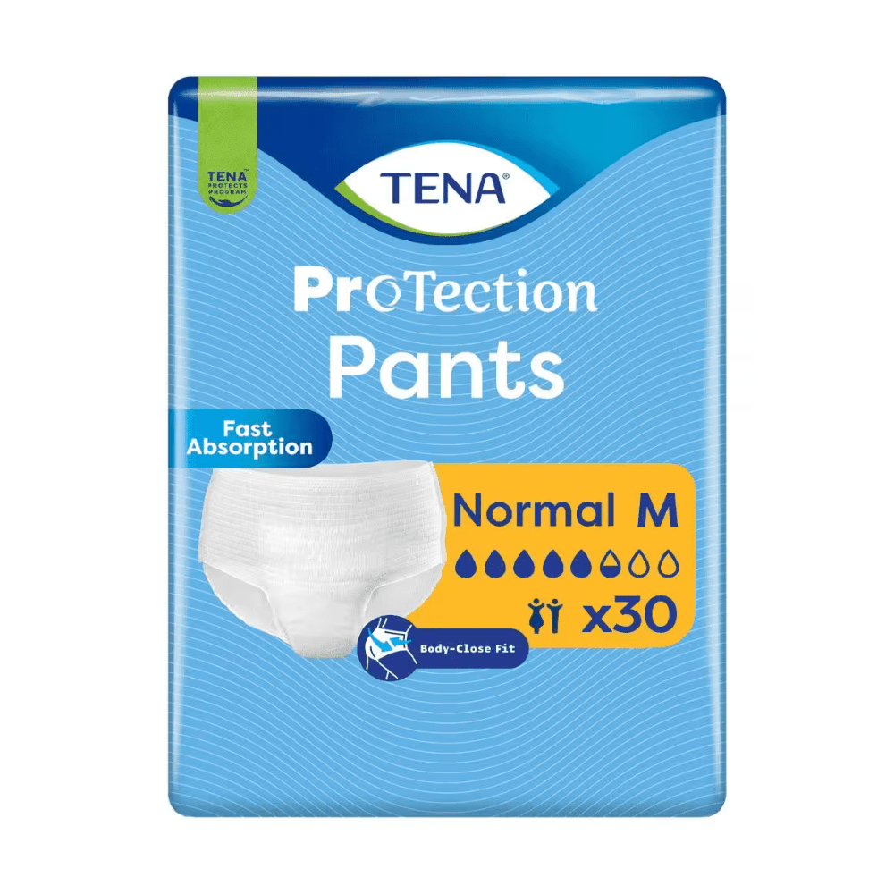 Un pachet de 30 de pantaloni de protecție TENA Protection Pants Normal pentru incontinență, mărimea medie de la TENA - Essity Germany GmbH, se remarcă printr-o potrivire apropiată de corp, o absorbție rapidă în caz de incontinență și o putere de absorbție indicată de patru picături de apă pe ambalaj.