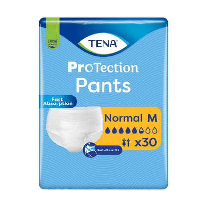 Un pachet de 30 de pantaloni de protecție TENA Protection Pants Normal pentru incontinență, mărimea medie de la TENA - Essity Germany GmbH, se remarcă printr-o potrivire apropiată de corp, o absorbție rapidă în caz de incontinență și o putere de absorbție indicată de patru picături de apă pe ambalaj.