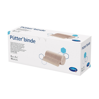 O cutie de Hartmann Pütter-Verband® de la Paul Hartmann AG, pe a cărei parte sunt afișate imagini ale produsului, care este un fel de bandaj coeziv. Ambalajul este disponibil în culorile albastru și alb cu text și ...