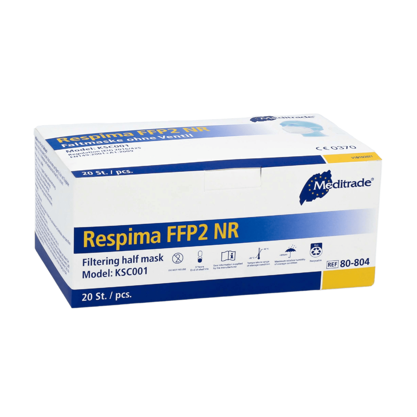 O cutie de măști de protecție respiratorie Meditrade Respima FFP2 este prezentată pe un fundal simplu. Cutia albă cu detalii albastre arată că conține 100 de bucăți și poartă în colțul din dreapta sus numele de marcă Meditrade GmbH, cunoscut pentru echipamentele de protecție personală.