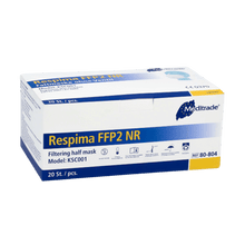 O cutie de măști de protecție respiratorie Meditrade Respima FFP2 este prezentată pe un fundal simplu. Cutia albă cu detalii albastre arată că conține 100 de bucăți și poartă în colțul din dreapta sus numele de marcă Meditrade GmbH, cunoscut pentru echipamentele de protecție personală.