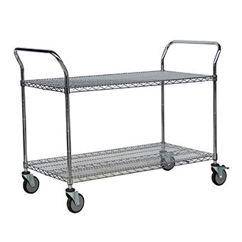 Căruciorul multifuncțional Novocal "Silverline" din oțel de precizie nichelat și cromat lucios dispune de două rafturi cu grilaj, patru roți pivotante și două mânere. Căruciorul gol este ilustrat pe un fundal alb.