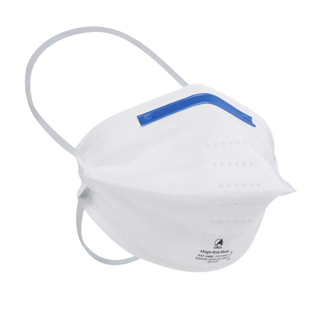 Masca de protecție respiratorie Altruan SAFE® High-Risk-Maske FFP3 este o mască albă pentru particule, cu bandă elastică pentru cap și clemă nazală albastră ajustabilă. Designul include mai multe perforații mici în zona nasului și o inscripționare simplă pe o parte. Disponibilă într-un pachet de 30 de bucăți.