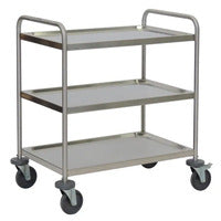 Der Novocal Mehrzweckwagen aus Edelstahl mit 3 Fachböden, 2 Schiebebügeln, 4 Leichtlaufrollen und 4 Stoßscheiben eignet sich ideal zum Transport in Büro, Küche oder Krankenhaus. Packung: 1 Stück.