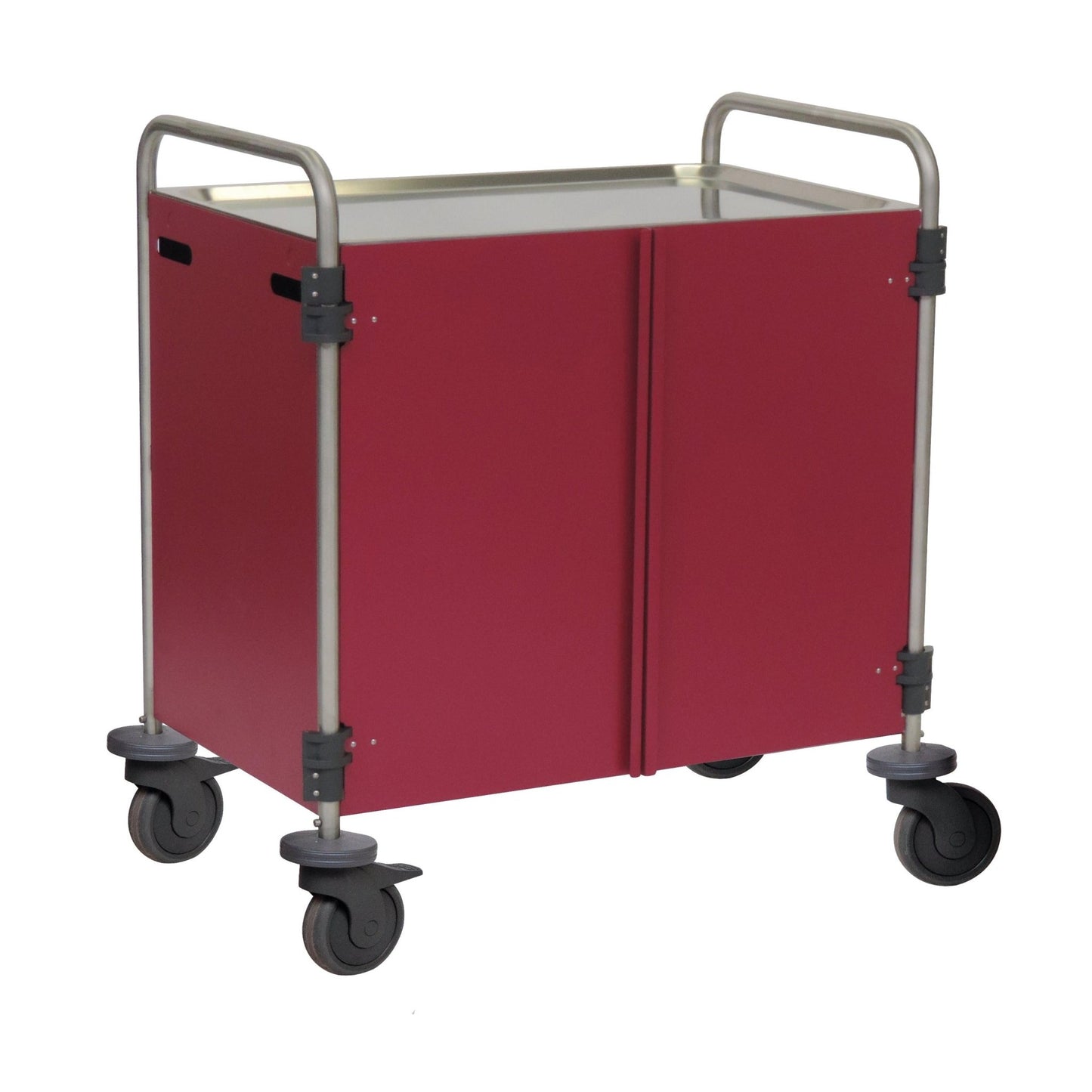 Un cărucior dreptunghiular Novocal multifuncțional, din oțel inoxidabil cu 3 laturi, cu uși frontale cu balamale și mânere metalice pe fiecare parte, dispune de patru role pivotante. Ambalaj: 1 bucată.