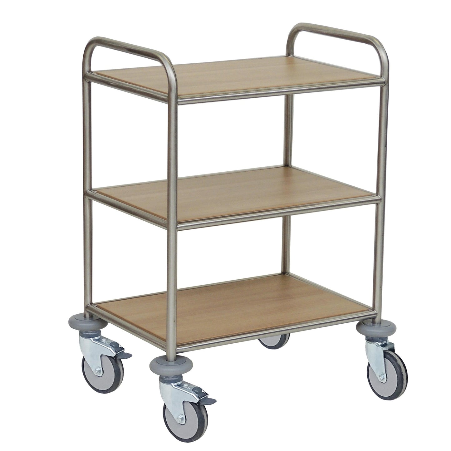 Căruciorul multifuncțional Novocal dispune de un cadru din oțel inoxidabil, trei rafturi acoperite cu melamină în culoarea Novocal-F și patru roți mari pentru transport ușor. Este livrat ca o unitate.