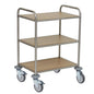 Căruciorul multifuncțional Novocal dispune de un cadru din oțel inoxidabil, trei rafturi acoperite cu melamină în culoarea Novocal-F și patru roți mari pentru transport ușor. Este livrat ca o unitate.