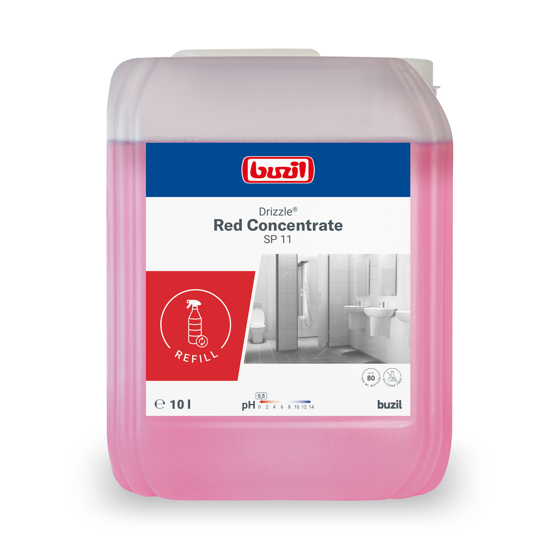 Ein 10-Liter-Kanister Drizzle® Red Concentrate Sanitärreiniger (rot) der BUZIL-WERK Wagner GmbH & Co. KG, ideal für Bad und Sanitärreinigung, verfügt über ein Etikett mit Badabbildungen und detaillierten Anwendungshinweisen.