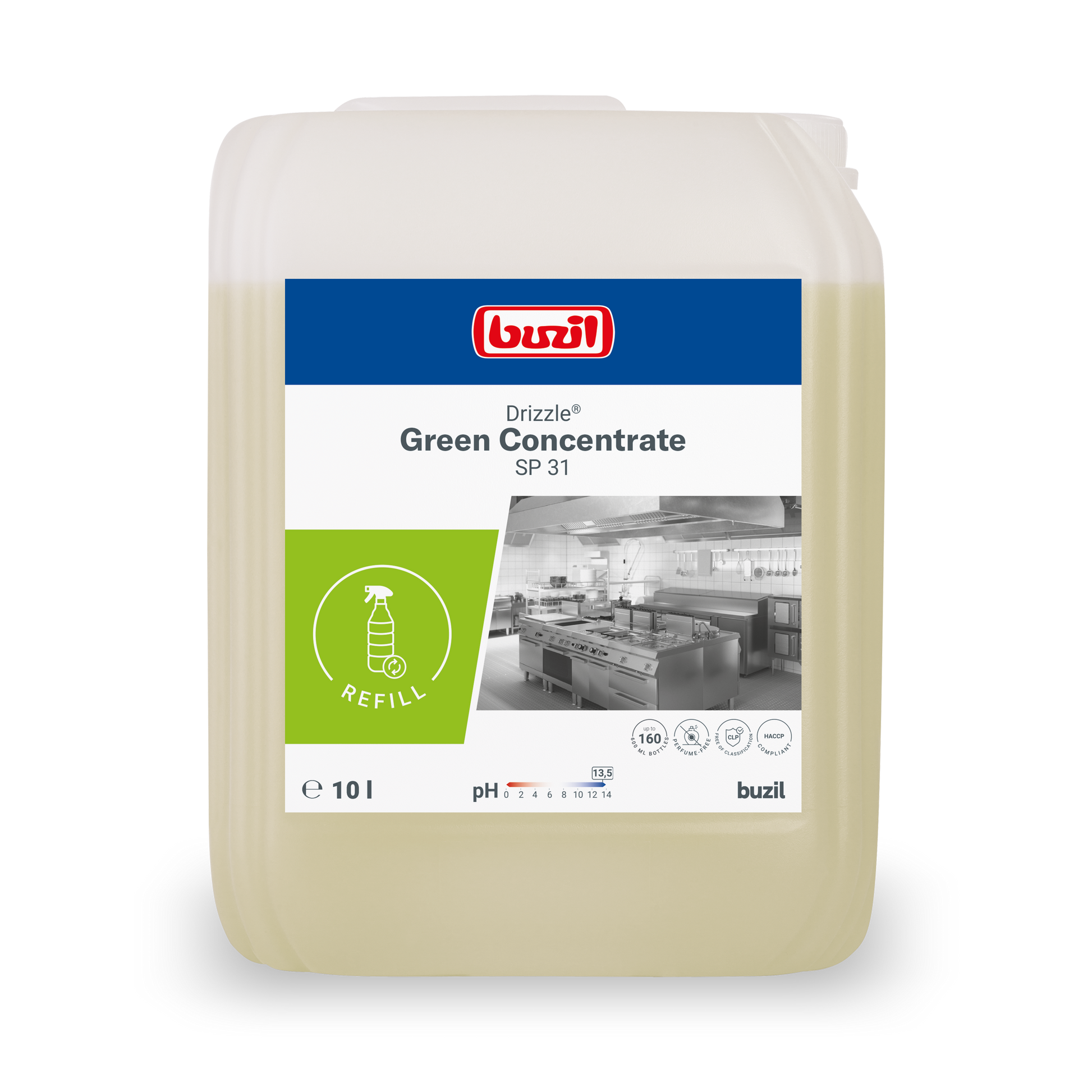 Ein 10-Liter-Kanister BUZIL-WERK Drizzle® Green Concentrate Öl- und Fettlöser farblos-hellgelb, mit einem Etikett mit Produktinformationen, einem Nachfüllsymbol und einem monochromen Großküchenbild.