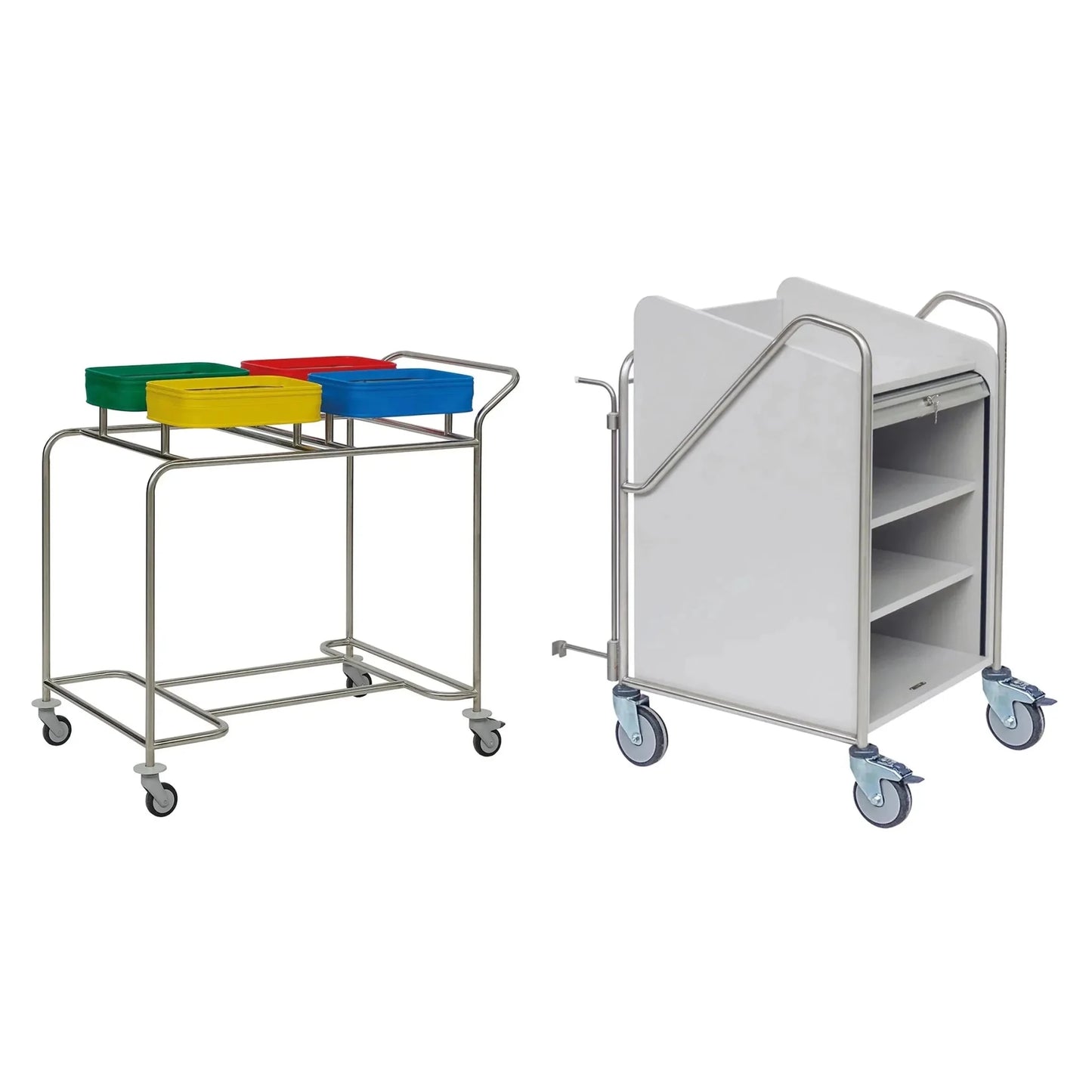 Sunt ilustrate două cărucioare de stație: În stânga este un cărucior de stație Novocal cu cadru din oțel inoxidabil, cu trei containere colorate și roți; în dreapta este un cărucior de stație Novocal alb, închis, robust, cu rafturi și roți mari.