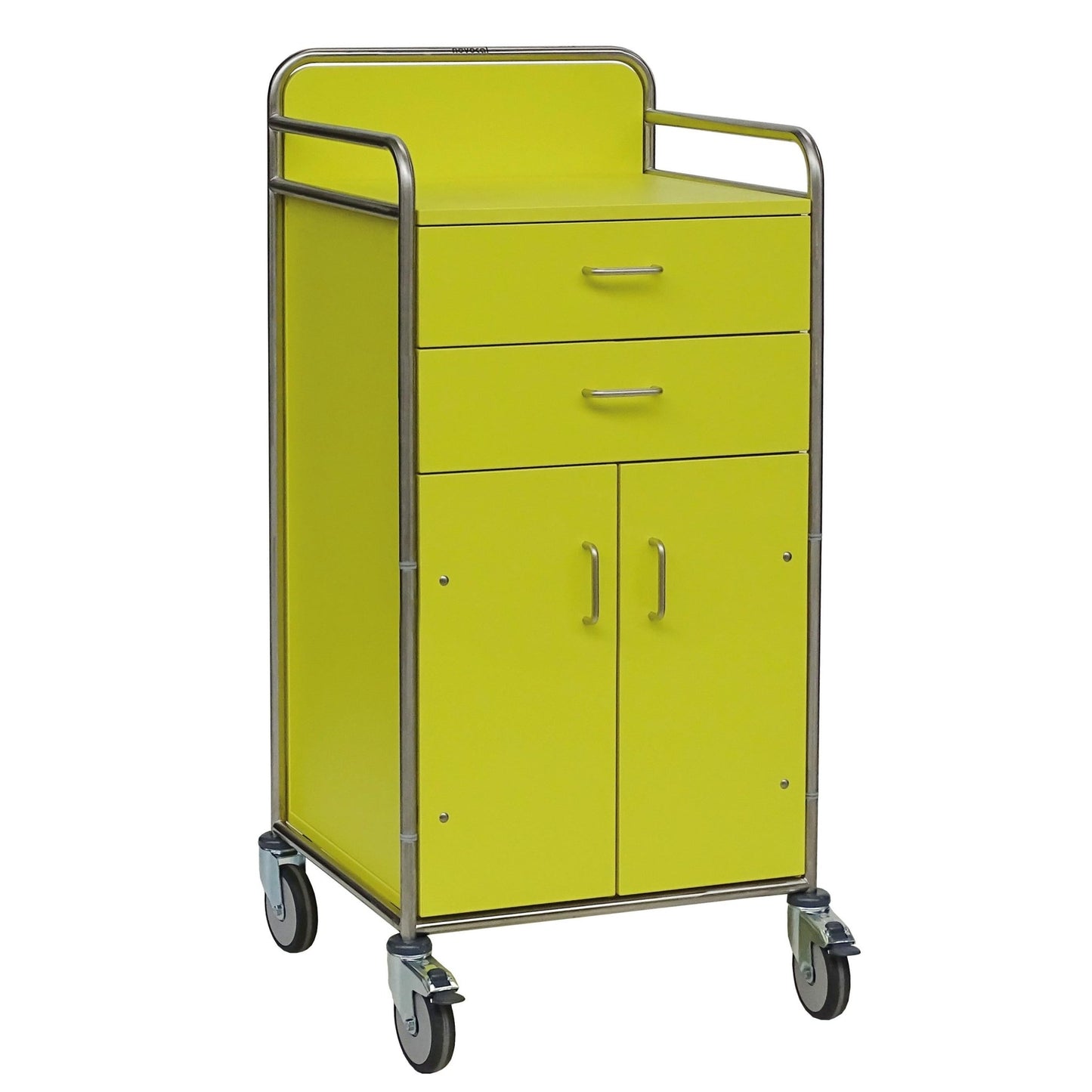 Caruciorul de stație Novocal are un design galben cu două sertare, un dulap cu două uși, mânere metalice și un cadru din oțel inoxidabil complet sudat - ideal ca un cărucior medical versatil, livrat ca o bucată per pachet.