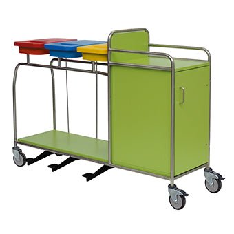 Caruciorul de stație Novocal din oțel inoxidabil are un cadru metalic complet sudat și include trei containere codificate pe culori (roșu, albastru, galben), care sunt fixate în siguranță deasupra pentru o colectare eficientă a deșeurilor.
