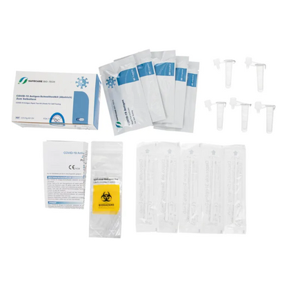 Kitul de autotestare Safecare Laientest 5er COVID-19 Antigen-Schnelltestkit este marcat cu brandingul Safecare. Acest kit de autotestare conține casete de testare în pungi sigilate, un manual de instrucțiuni, tuburi de extracție cu capace și un sac biohazard și oferă rezultate în doar 15 minute.