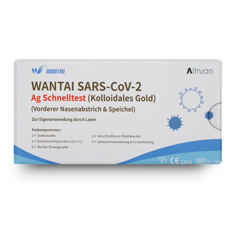 Imaginea unui test rapid Wantai SARS-CoV-2 pentru teste rapide de antigen cu tehnologie cu aur coloidal. Kitul conține instrucțiuni pentru probe nazale și de salivă. Ambalajul prezintă grafice albastre și brandingul Altruan, subliniind statutul său ca opțiune premium de test Lollitest pentru rezultate de încredere.