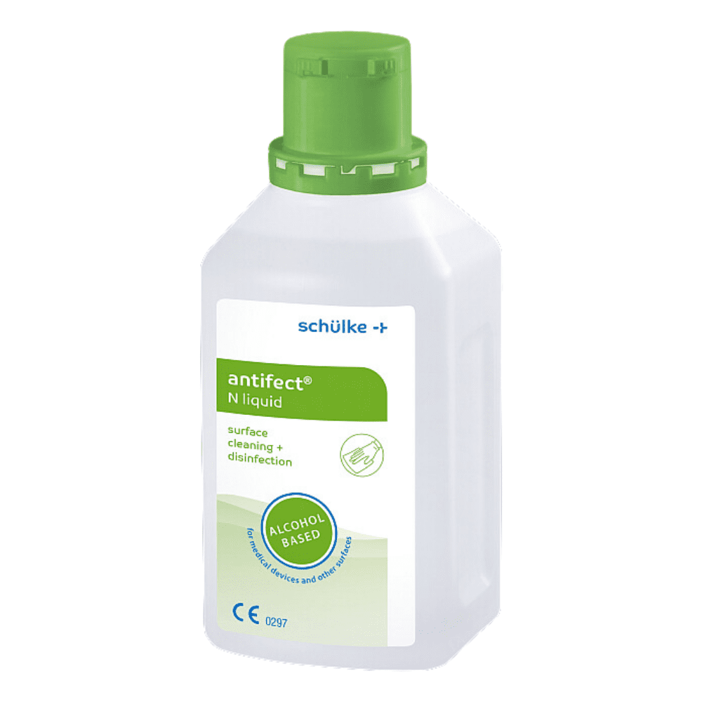 O sticlă de Schülke antifect® N Liquid Dezinfecție de suprafață de la Schülke & Mayr GmbH cu etichetă albă și accente verzi, pe care sunt afișate simboluri pentru pericol biologic și siguranță de mediu.