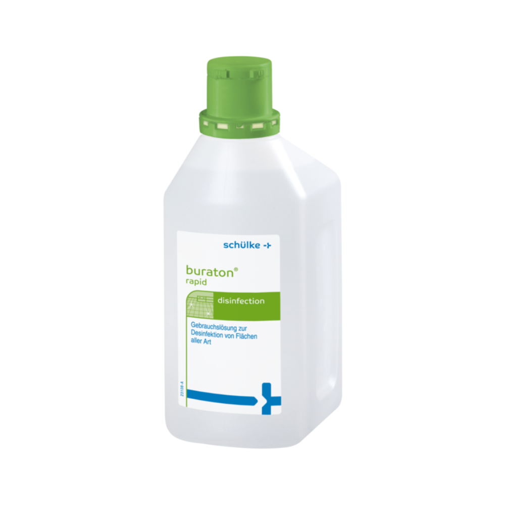 O sticlă de plastic albă cu capac verde, pe care scrie „Schülke buraton® rapid preparat dezinfectant rapid”. Eticheta conține text și grafice albastre și indică utilizarea pentru dezinfectarea suprafețelor în domeniul alimentar.