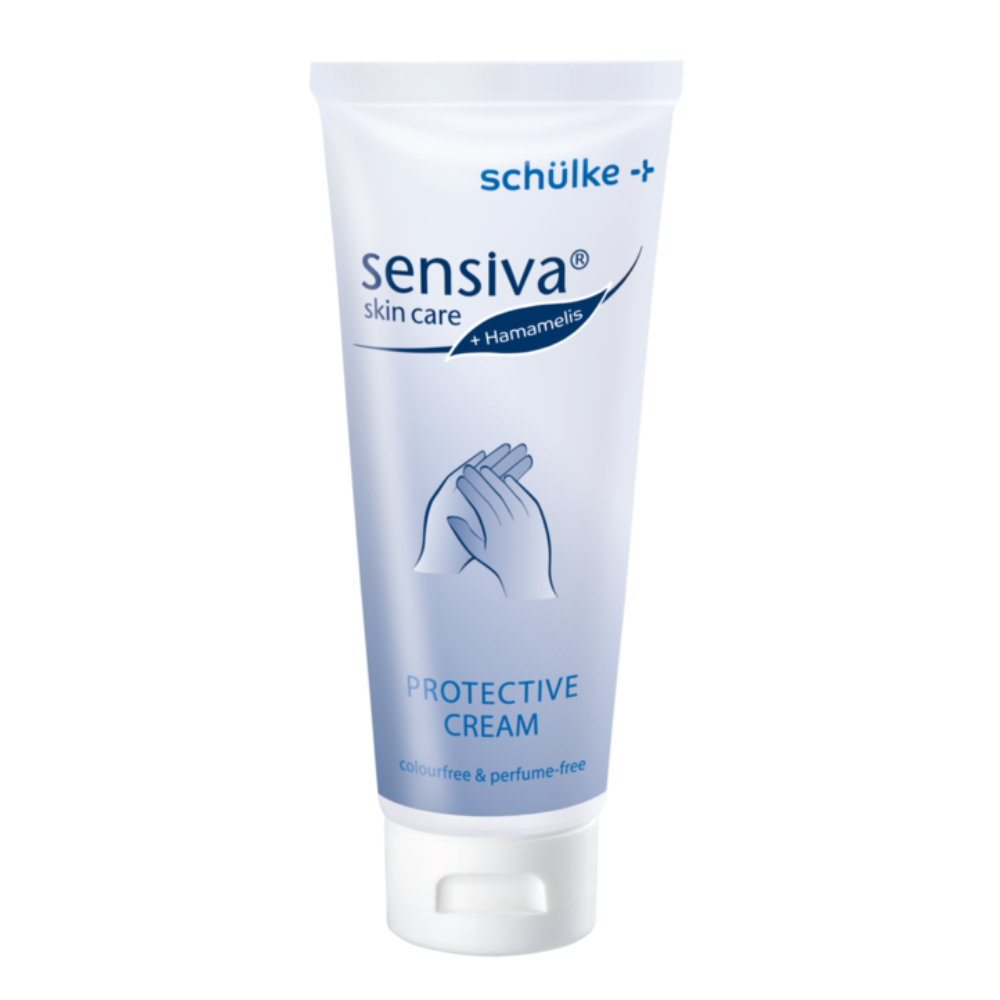 Crema de protecție pentru piele Schülke sensiva® este disponibilă într-un tub alb cu branding albastru, care evidențiază formula sa apă-în-ulei. Este lipsită de coloranți și parfumuri și prezintă pe partea din față o imagine a mâinilor pentru a sublinia protecția împotriva iritațiilor pielii.