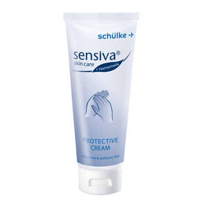 Crema de protecție pentru piele Schülke sensiva® este disponibilă într-un tub alb cu branding albastru, care evidențiază formula sa apă-în-ulei. Este lipsită de coloranți și parfumuri și prezintă pe partea din față o imagine a mâinilor pentru a sublinia protecția împotriva iritațiilor pielii.