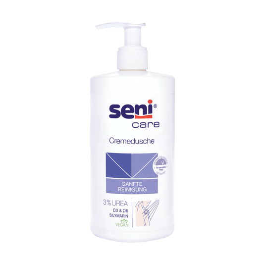 Aceasta Seni Gelul de duș Care de la TZMO Deutschland GmbH, 500 ml, conține 3% uree, silimarină și are o formulă vegană. Sticla albă este prevăzută cu un dozator cu pompă și poartă inscripția albastră „CURĂȚARE DELICATĂ”, fiind ideală pentru pielea uscată.