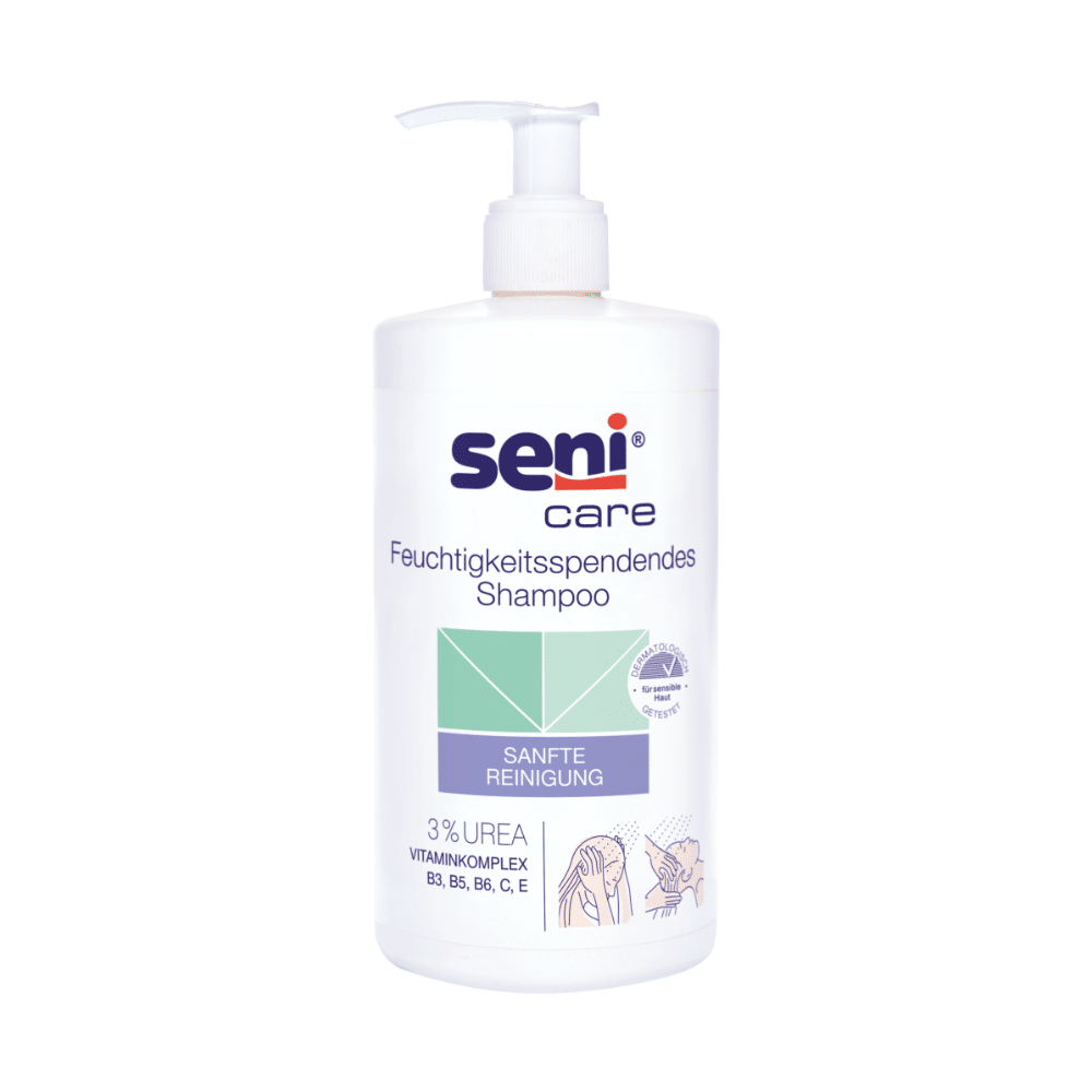 Un tub de 500 ml de șampon Seni Care de la TZMO Deutschland GmbH conține 3% uree și un complex de vitamine pentru scalpul uscat și sensibil, textul german fiind evidențiat prin accente albastre, verzi și violete.