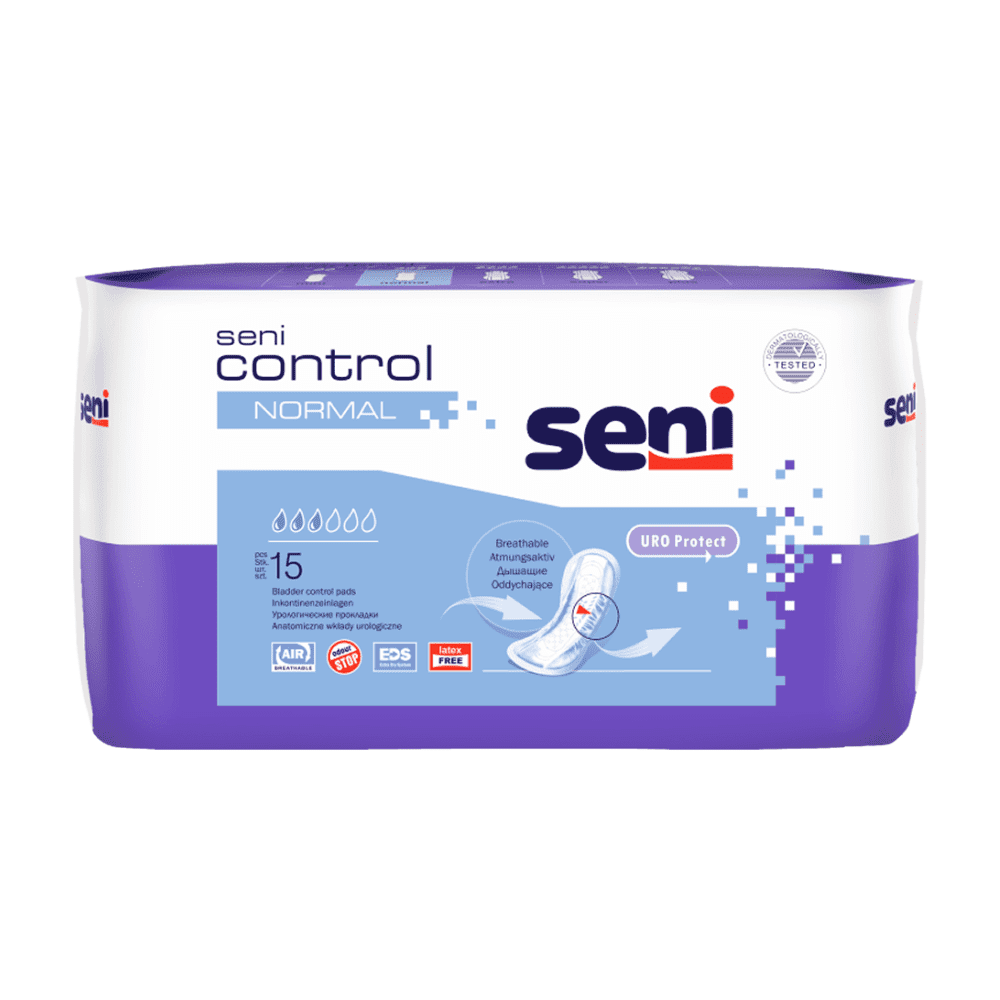 Un pachet cu 15 absorbante Seni Control Normal pentru incontinență de la TZMO Deutschland GmbH, în design alb-violet cu detalii despre produs. Aceste absorbante oferă protecție respirabilă, discretă și confortabilă pentru incontinență.