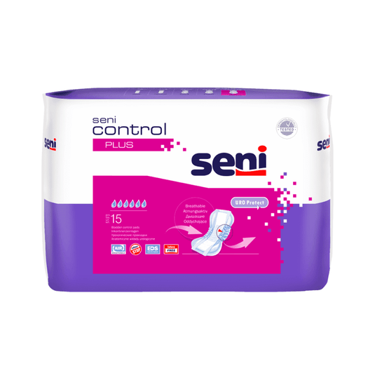 O cutie Seni Absorbantul pentru incontinență Control Plus de la TZMO Deutschland GmbH conține 15 absorbante, este prevăzut cu protecție împotriva scurgerilor și este livrat într-un ambalaj violet-alb, cu sigla mărcii și o imagine a absorbantului pe partea din față.