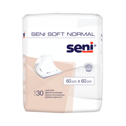 Un pachet cu 30 de protecții pentru pat Seni Soft Normal (60 x 60 cm) de la TZMO Deutschland GmbH este livrat într-un ambalaj alb cu text albastru și portocaliu și o ilustrație a protecției, oferind protecție fiabilă.