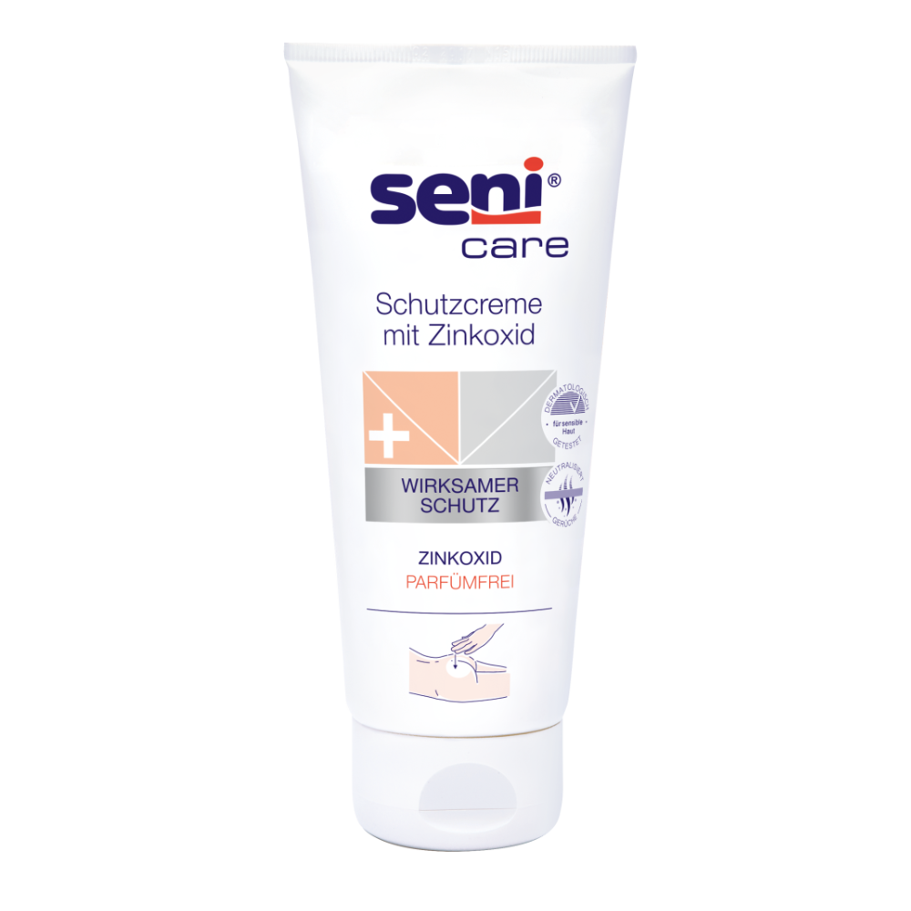 Un tub alb de la TZMO Deutschland GmbH cu inscripția „Seni Schutzcreme mit Zinkoxid“ impresionează prin proprietăți precum efectul de protecție eficient, conținutul de oxid de zinc și o formulă fără parfum, ceea ce o face ideală pentru îngrijirea pielii.