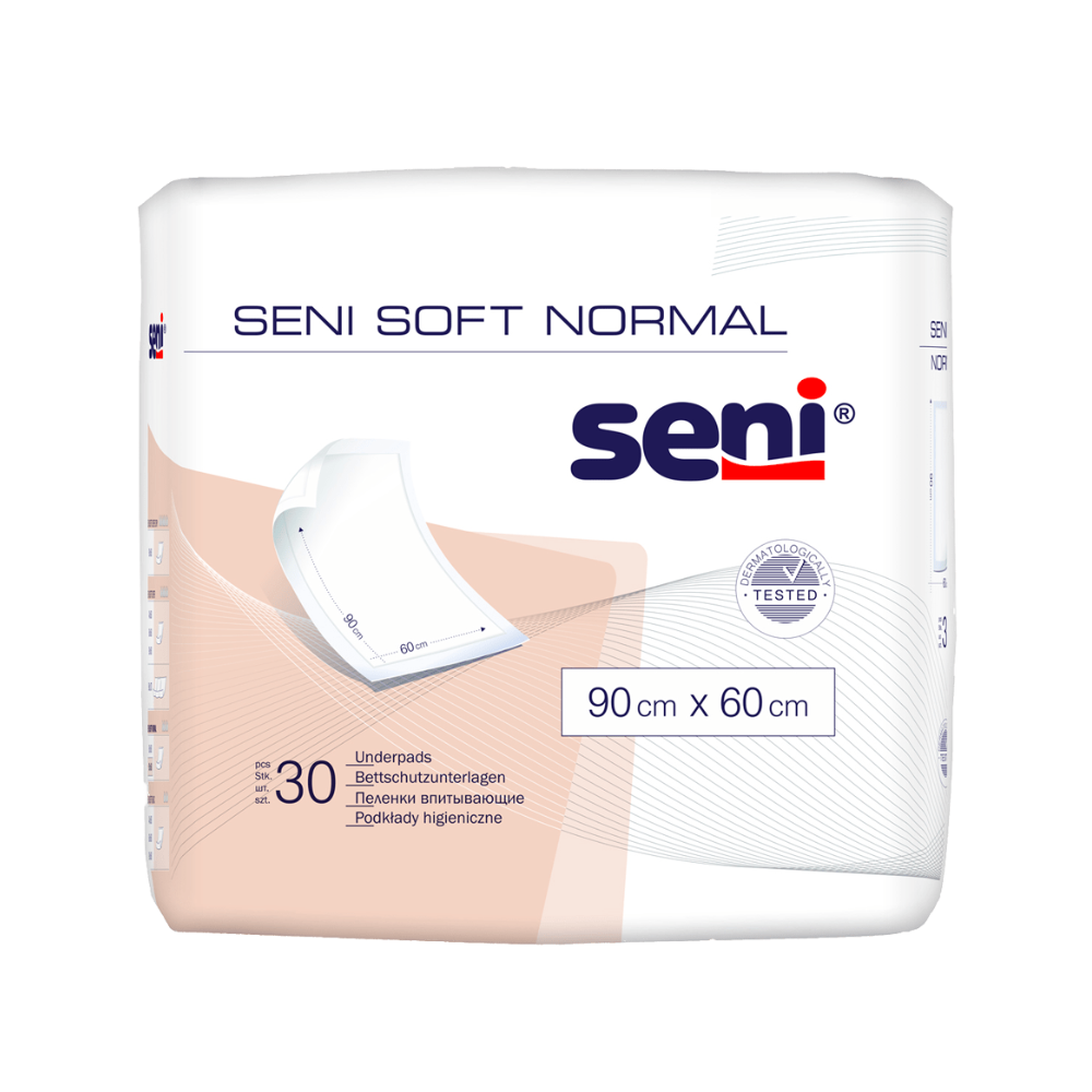 Un pachet de protecții pentru pat Seni Soft Normal (TZMO Deutschland GmbH), 90 x 60 cm, conține 30 de tampoane. Ambalajul prezintă o grafică simplă a protecției și evidențiază protecția fiabilă. Disponibile în diferite dimensiuni.